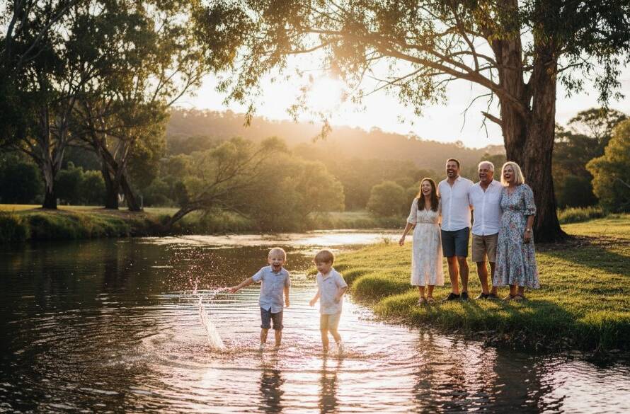 A joyful family embracing a candid moment by the Yarra River in Templestowe, bathed in golden hour light, reflecting the essence of candid family photography Templestowe capturing authentic joy.