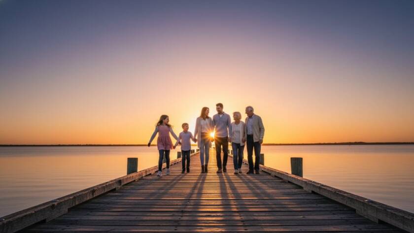 An emotionally resonant, wide-angle shot of a family laughing genuinely on the Tooradin Jetty at sunset, silhouetted against a dramatic, colour-graded sky, embodying candid family photography Tooradin Jetty moments.