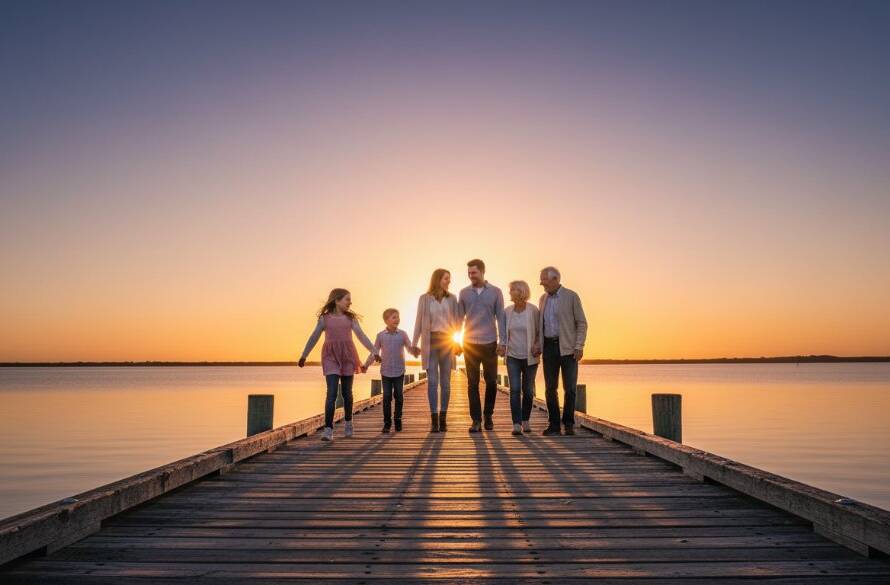An emotionally resonant, wide-angle shot of a family laughing genuinely on the Tooradin Jetty at sunset, silhouetted against a dramatic, colour-graded sky, embodying candid family photography Tooradin Jetty moments.