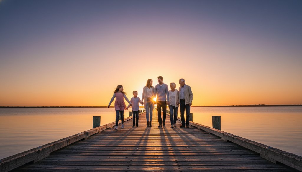 An emotionally resonant, wide-angle shot of a family laughing genuinely on the Tooradin Jetty at sunset, silhouetted against a dramatic, colour-graded sky, embodying candid family photography Tooradin Jetty moments.