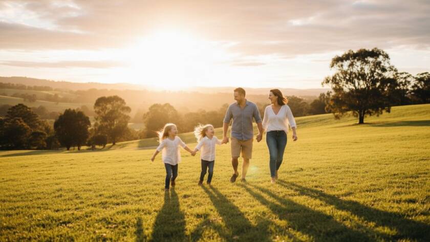 A candid family photography Wonga Park moment: Parents laughing with their children in golden hour light at Jumping Creek Reserve, a genuine embrace captured with professional cinematic colour grading.