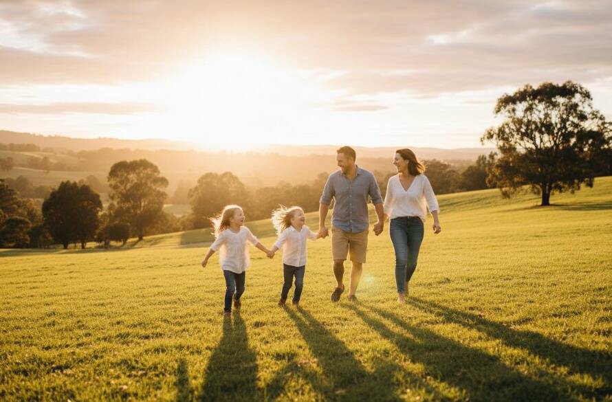 A candid family photography Wonga Park moment: Parents laughing with their children in golden hour light at Jumping Creek Reserve, a genuine embrace captured with professional cinematic colour grading.