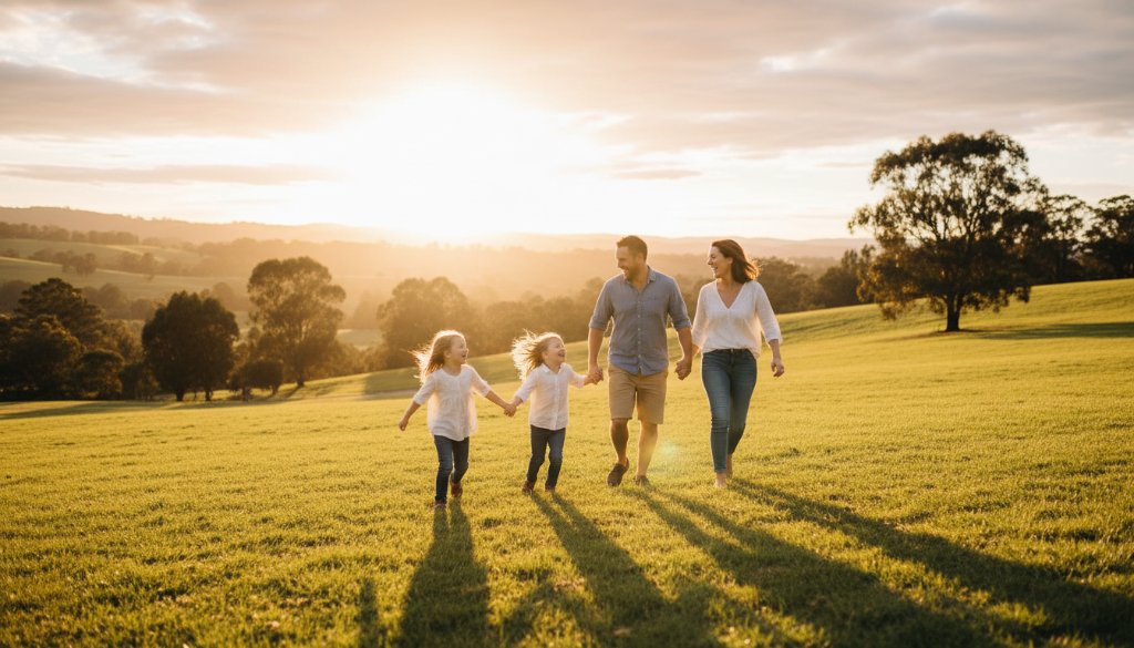 A candid family photography Wonga Park moment: Parents laughing with their children in golden hour light at Jumping Creek Reserve, a genuine embrace captured with professional cinematic colour grading.