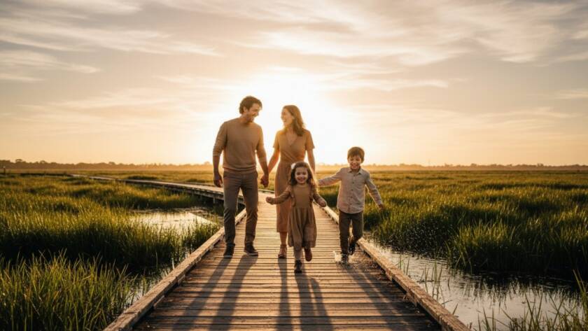 A breathtaking wide-angle shot of a family of four, parents laughing as their two young children run ahead along a wooden boardwalk in the Wyndham Vale wetlands at golden hour. The setting sun casts a warm, dramatic glow, highlighting their silhouettes and the vibrant green reeds, embodying candid family photography Wyndham Vale wetlands with genuine joy and connection.