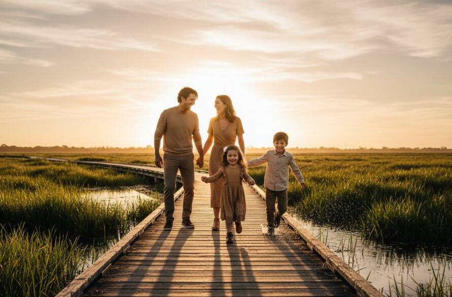 A breathtaking wide-angle shot of a family of four, parents laughing as their two young children run ahead along a wooden boardwalk in the Wyndham Vale wetlands at golden hour. The setting sun casts a warm, dramatic glow, highlighting their silhouettes and the vibrant green reeds, embodying candid family photography Wyndham Vale wetlands with genuine joy and connection.