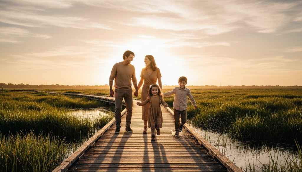 A breathtaking wide-angle shot of a family of four, parents laughing as their two young children run ahead along a wooden boardwalk in the Wyndham Vale wetlands at golden hour. The setting sun casts a warm, dramatic glow, highlighting their silhouettes and the vibrant green reeds, embodying candid family photography Wyndham Vale wetlands with genuine joy and connection.