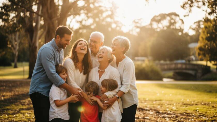 Candid family photos Albanvale park Victoria capturing a multi-generational family laughing joyfully during golden hour, with lush parkland and an iconic Albanvale landmark subtly in the background, professionally color-graded with dramatic lighting.