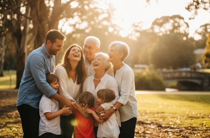 Candid family photos Albanvale park Victoria capturing a multi-generational family laughing joyfully during golden hour, with lush parkland and an iconic Albanvale landmark subtly in the background, professionally color-graded with dramatic lighting.