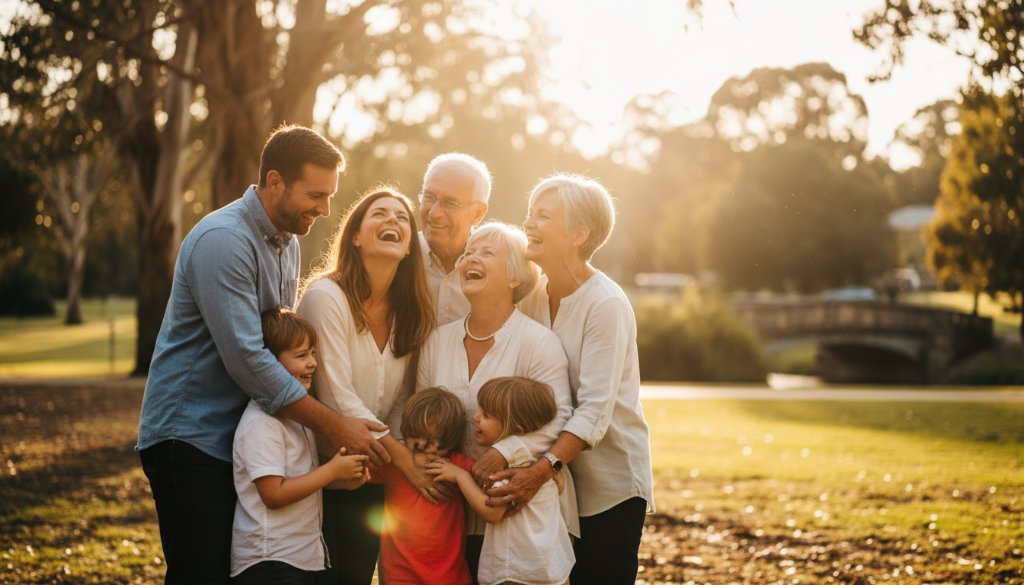 Candid family photos Albanvale park Victoria capturing a multi-generational family laughing joyfully during golden hour, with lush parkland and an iconic Albanvale landmark subtly in the background, professionally color-graded with dramatic lighting.