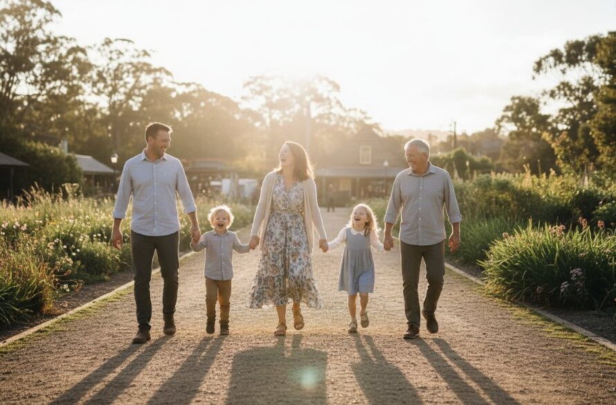A heartwarming, cinematic wide shot of a family laughing joyfully, captured during a professional session for candid family photos Eureka Victoria, with the golden afternoon sun casting long shadows over the beautiful gardens of Sovereign Hill in the background, showing genuine connection and happiness.