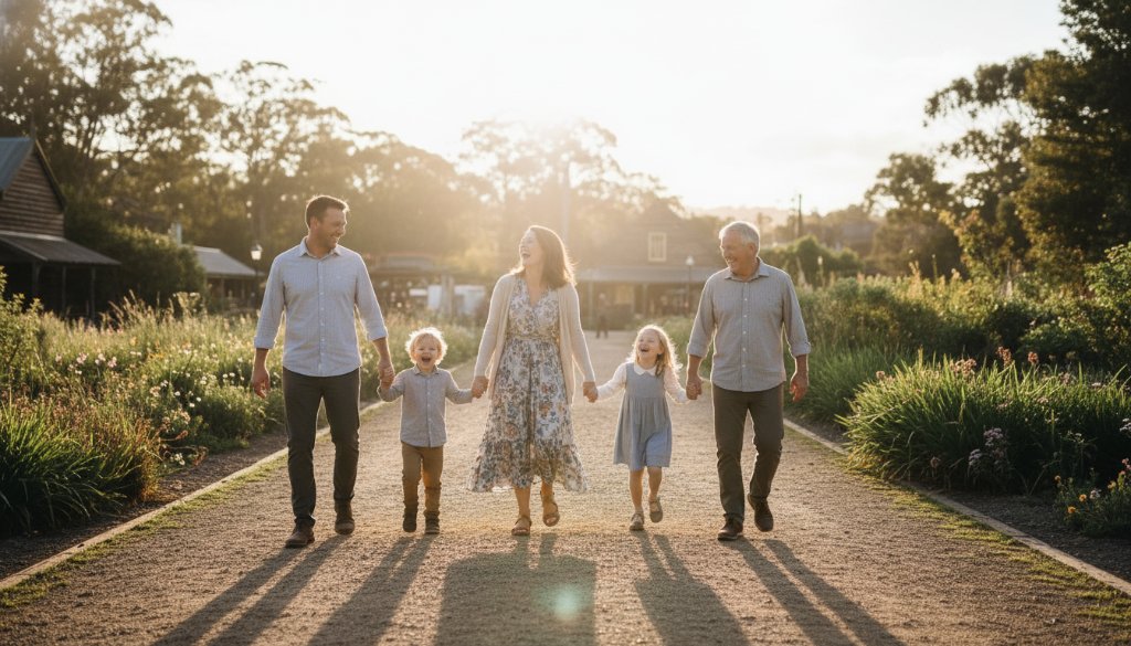 A heartwarming, cinematic wide shot of a family laughing joyfully, captured during a professional session for candid family photos Eureka Victoria, with the golden afternoon sun casting long shadows over the beautiful gardens of Sovereign Hill in the background, showing genuine connection and happiness.