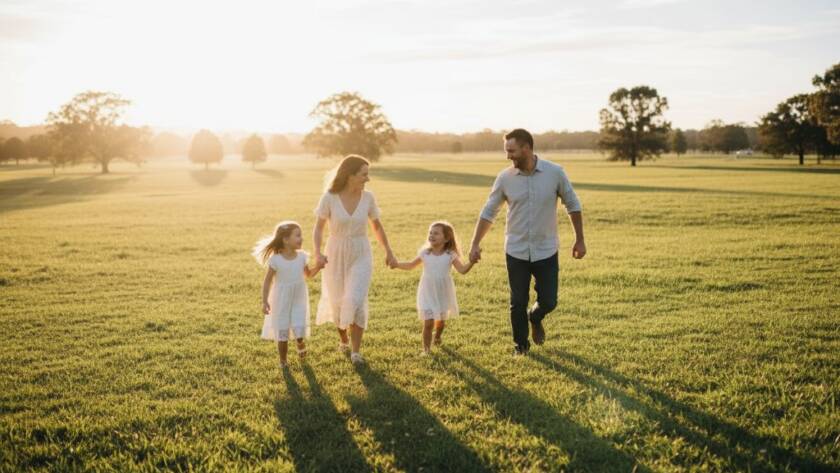 A family joyfully laughing and playing together in a sun-drenched Forest Hill park, capturing candid family photos Forest Hill outdoor adventures with genuine, unposed emotion, dramatic golden hour lighting, and professional colour grading.