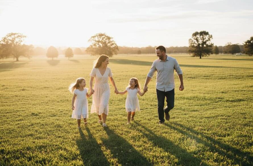 A family joyfully laughing and playing together in a sun-drenched Forest Hill park, capturing candid family photos Forest Hill outdoor adventures with genuine, unposed emotion, dramatic golden hour lighting, and professional colour grading.
