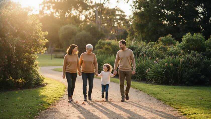 An emotional, cinematic wide shot capturing candid family photos St Albans Victoria, featuring a multi-generational family laughing joyfully while walking hand-in-hand through the vibrant green landscapes of St Albans' local park during golden hour, sun flare, professional color grading, dramatic lighting.