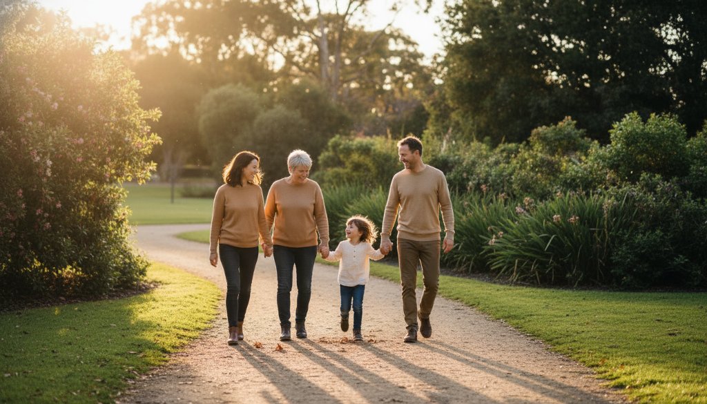 An emotional, cinematic wide shot capturing candid family photos St Albans Victoria, featuring a multi-generational family laughing joyfully while walking hand-in-hand through the vibrant green landscapes of St Albans' local park during golden hour, sun flare, professional color grading, dramatic lighting.