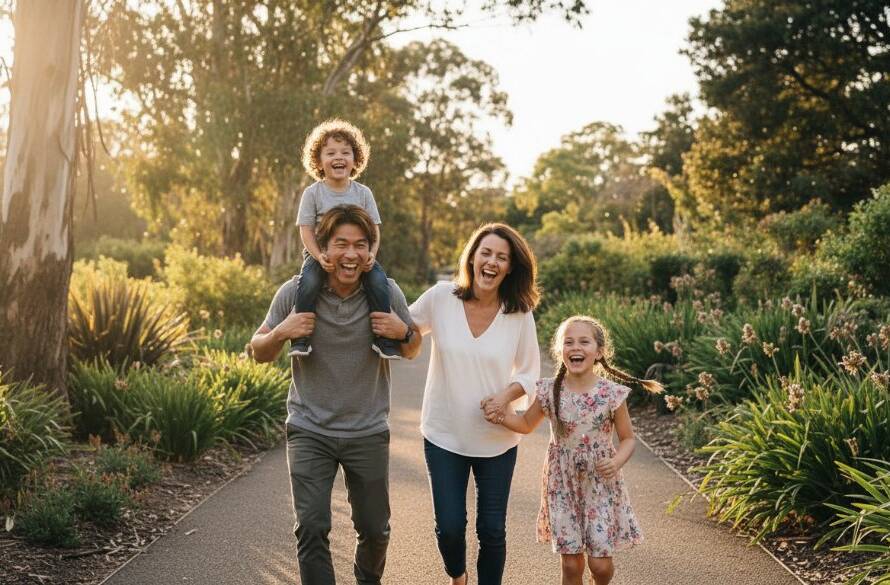 An ecstatic candid family photoshoot Box Hill gardens moment, featuring a family of four laughing joyfully as they chase bubbles in the golden hour light, with lush Box Hill foliage in the background, professionally color-graded.