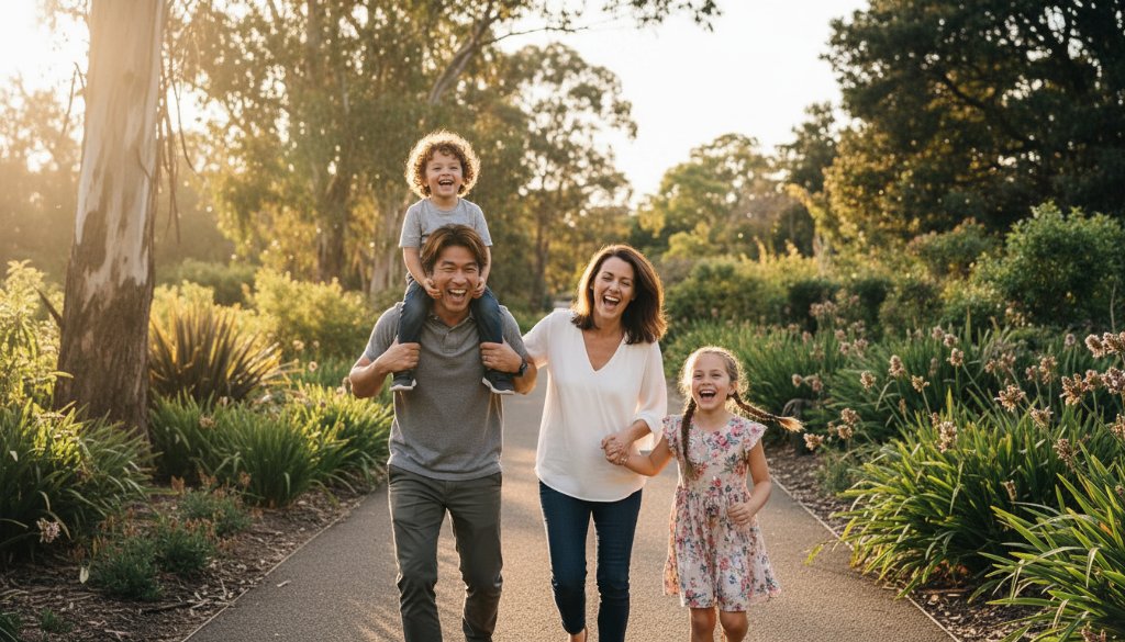 An ecstatic candid family photoshoot Box Hill gardens moment, featuring a family of four laughing joyfully as they chase bubbles in the golden hour light, with lush Box Hill foliage in the background, professionally color-graded.