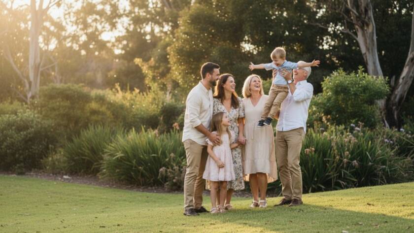 A candid family photoshoot Burwood East VIC capturing a joyful moment as parents embrace their laughing children during golden hour in a lush park, professional photography.