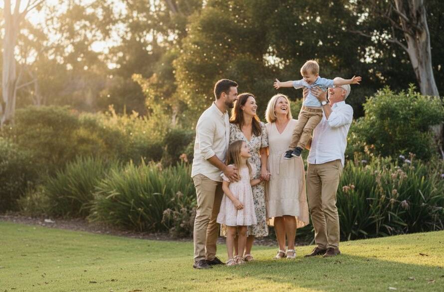 A candid family photoshoot Burwood East VIC capturing a joyful moment as parents embrace their laughing children during golden hour in a lush park, professional photography.