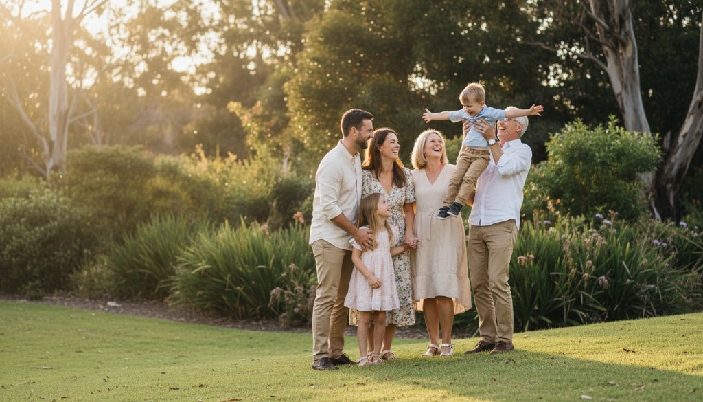 A candid family photoshoot Burwood East VIC capturing a joyful moment as parents embrace their laughing children during golden hour in a lush park, professional photography.