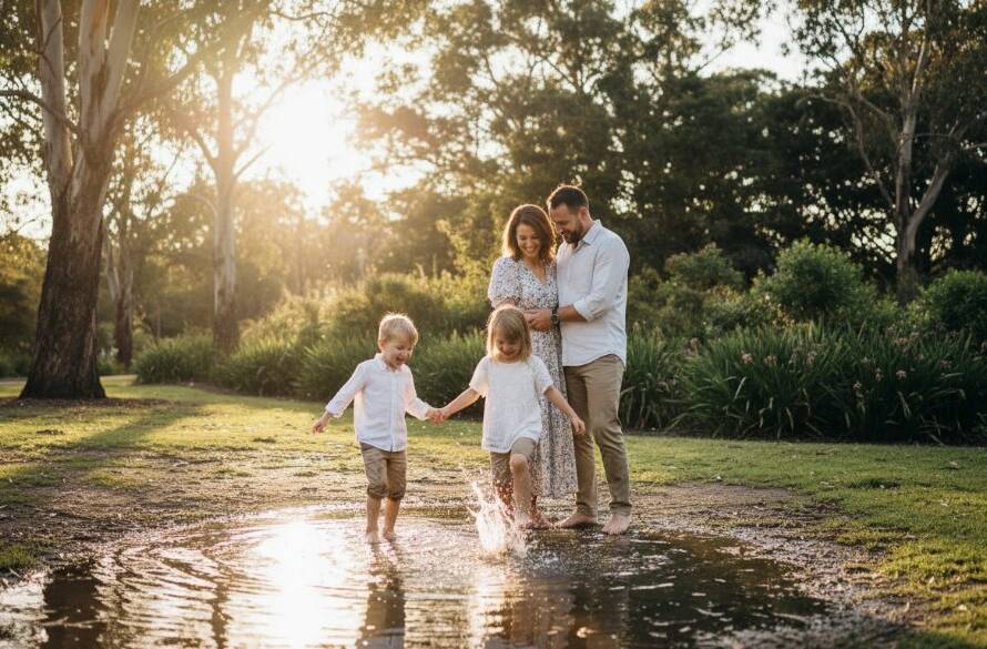 An emotionally resonant, wide-angle photograph capturing a candid family photoshoot in Oakleigh children's park. A family of four – parents and two young children – are laughing joyfully as the children chase bubbles in golden hour light, with mature Oak trees and a glimpse of a classic playground structure in the softly blurred background. Dramatic lens flare adds warmth, and professional colour grading enhances the magical, epic moment of pure family connection.