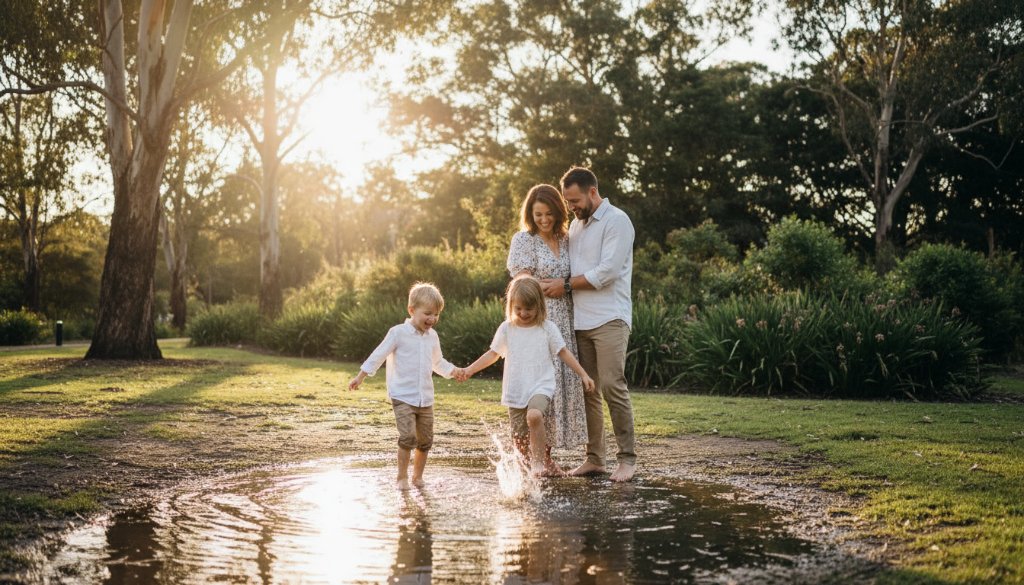An emotionally resonant, wide-angle photograph capturing a candid family photoshoot in Oakleigh children's park. A family of four – parents and two young children – are laughing joyfully as the children chase bubbles in golden hour light, with mature Oak trees and a glimpse of a classic playground structure in the softly blurred background. Dramatic lens flare adds warmth, and professional colour grading enhances the magical, epic moment of pure family connection.