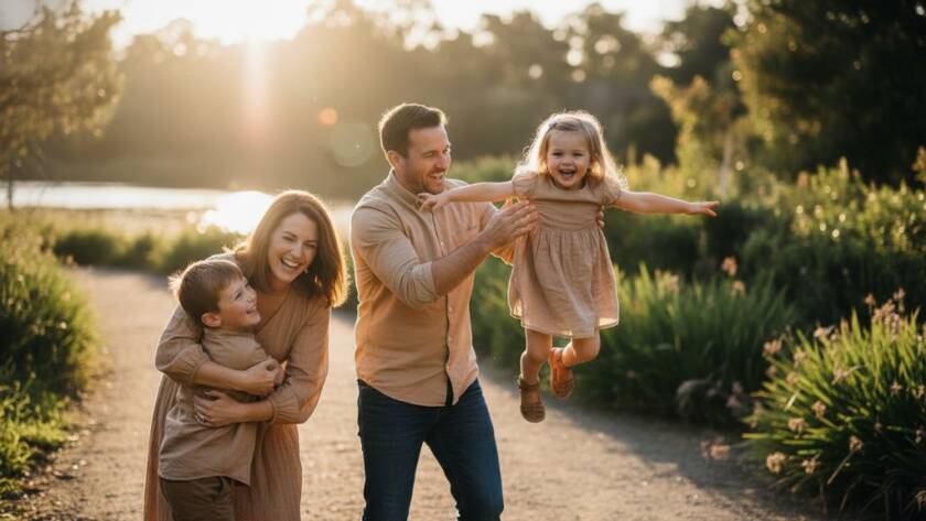 A candid family photoshoot Templestowe Lower natural light capturing a joyful family of four, bathed in golden hour light, laughing together in a lush park setting, professional photography.