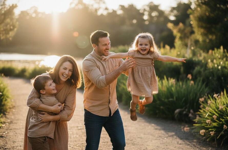 A candid family photoshoot Templestowe Lower natural light capturing a joyful family of four, bathed in golden hour light, laughing together in a lush park setting, professional photography.