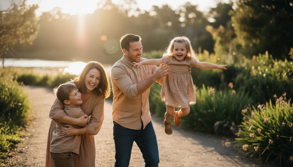 A candid family photoshoot Templestowe Lower natural light capturing a joyful family of four, bathed in golden hour light, laughing together in a lush park setting, professional photography.