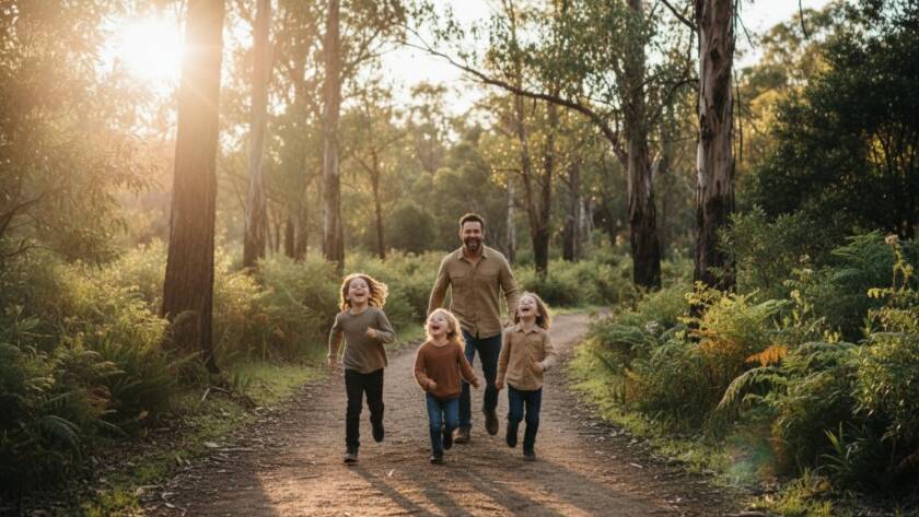 An epic moment of a family laughing joyfully under dappled sunlight in a Bayswater North park, capturing the essence of candid family photoshoots Bayswater North Victoria, with warm, professional lighting and composition.
