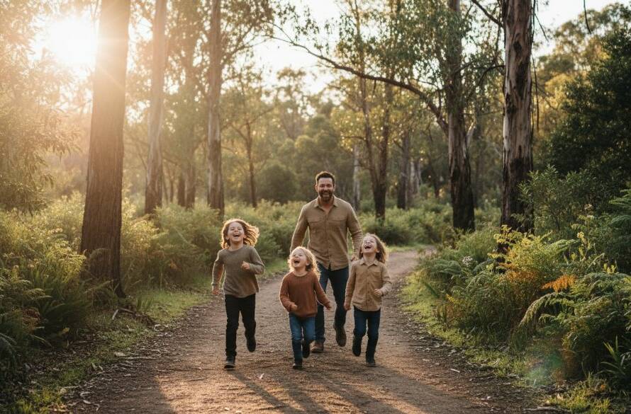 An epic moment of a family laughing joyfully under dappled sunlight in a Bayswater North park, capturing the essence of candid family photoshoots Bayswater North Victoria, with warm, professional lighting and composition.