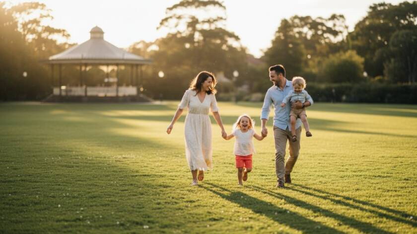 An emotional, candid moment captured during Candid Family Photoshoots Yarraville VIC: a family laughing heartily on a sunny afternoon in Yarraville Gardens, with the iconic bandstand in the background, professional colour grading highlighting their genuine connection.