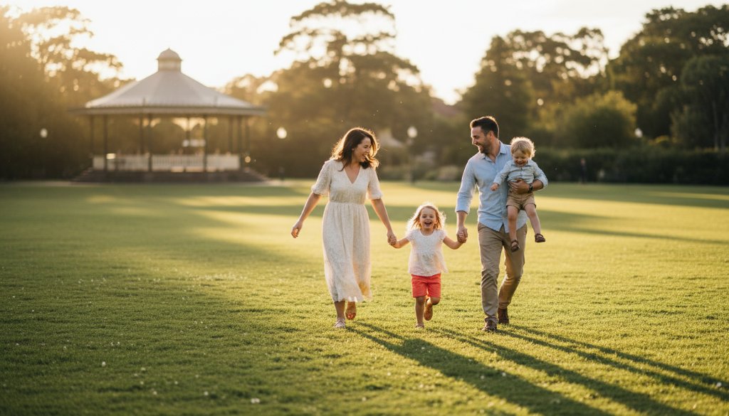 An emotional, candid moment captured during Candid Family Photoshoots Yarraville VIC: a family laughing heartily on a sunny afternoon in Yarraville Gardens, with the iconic bandstand in the background, professional colour grading highlighting their genuine connection.