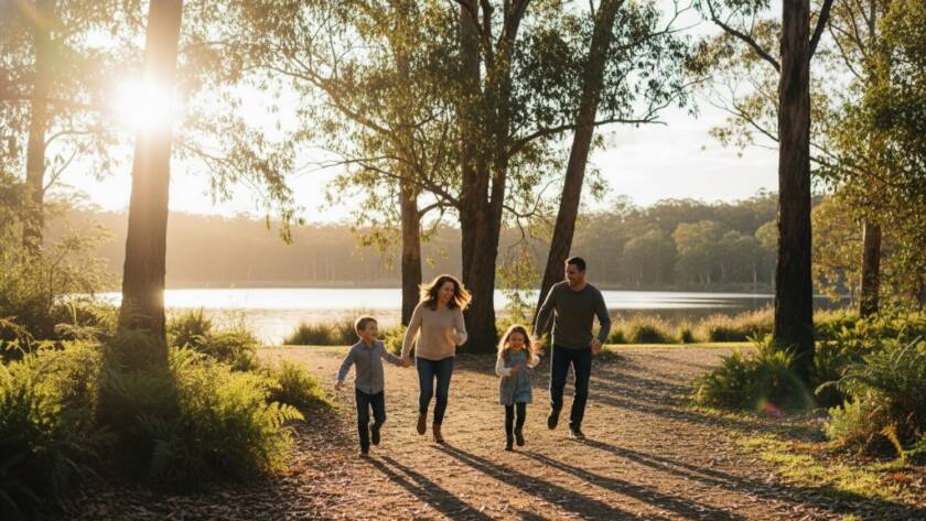 A heartwarming, professional photograph showcasing candid family portraits Nunawading gardens, with a family of four laughing joyfully amidst sun-dappled foliage at Blackburn Lake Sanctuary, Nunawading. The dramatic golden hour light illuminates their faces, capturing an authentic, treasured moment of connection and happiness, professionally colour graded.
