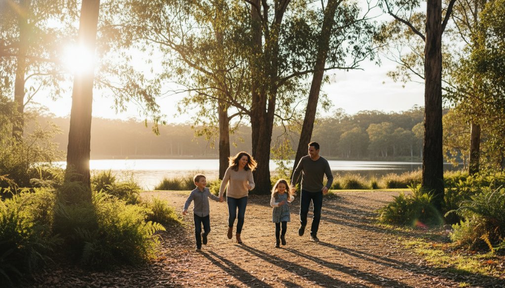 A heartwarming, professional photograph showcasing candid family portraits Nunawading gardens, with a family of four laughing joyfully amidst sun-dappled foliage at Blackburn Lake Sanctuary, Nunawading. The dramatic golden hour light illuminates their faces, capturing an authentic, treasured moment of connection and happiness, professionally colour graded.