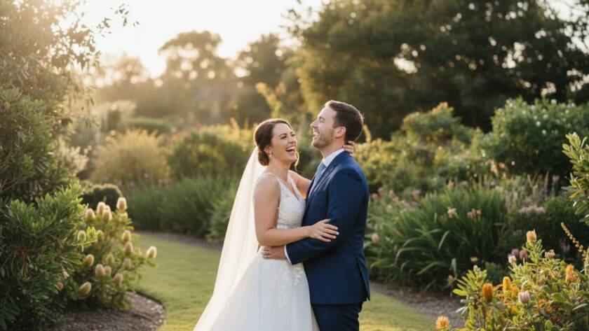 A stunning wide shot capturing a newly married couple sharing a candid embrace amidst the lush, sun-dappled gardens of Box Hill South, Victoria, showcasing beautiful candid garden wedding photography Box Hill South, with dramatic golden hour lighting filtering through the trees, creating a cinematic and emotional moment.