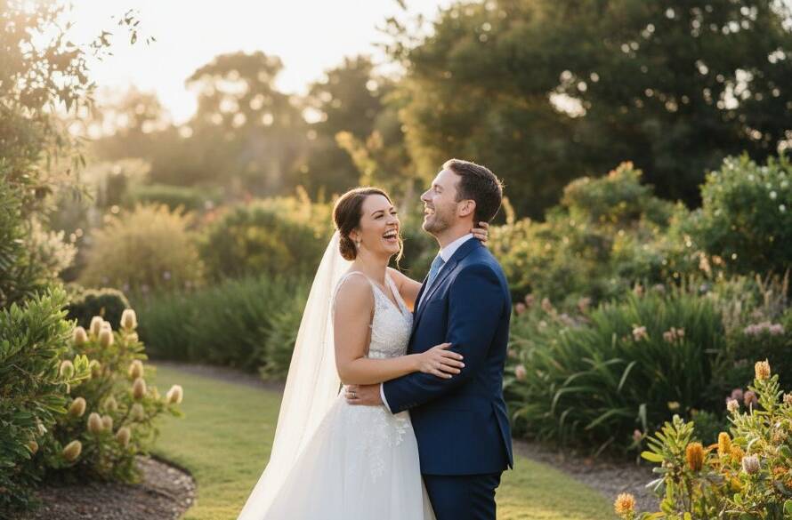 A stunning wide shot capturing a newly married couple sharing a candid embrace amidst the lush, sun-dappled gardens of Box Hill South, Victoria, showcasing beautiful candid garden wedding photography Box Hill South, with dramatic golden hour lighting filtering through the trees, creating a cinematic and emotional moment.