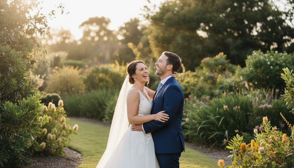 A stunning wide shot capturing a newly married couple sharing a candid embrace amidst the lush, sun-dappled gardens of Box Hill South, Victoria, showcasing beautiful candid garden wedding photography Box Hill South, with dramatic golden hour lighting filtering through the trees, creating a cinematic and emotional moment.