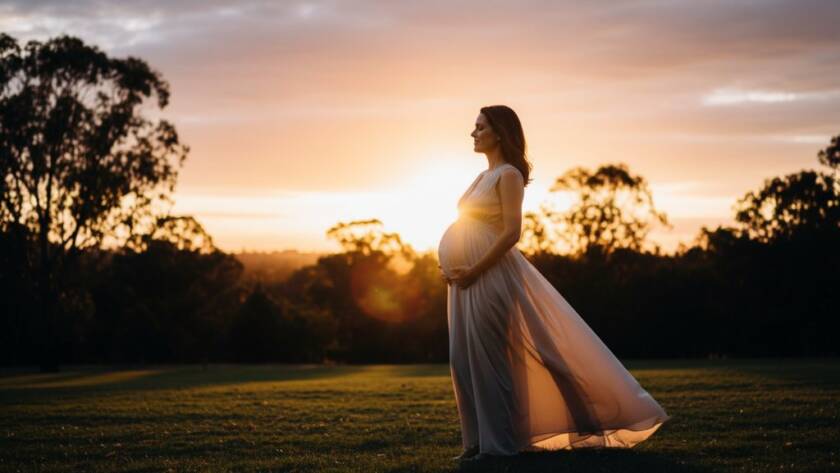 A glowing pregnant woman in a flowing white gown stands amidst the golden hour light of a Heathmont park, her partner gently embracing her from behind. This candid Heathmont outdoor maternity photos Victoria capture an epic moment of connection and anticipation, with dramatic backlighting and professional colour grading, embodying the joy of impending parenthood.
