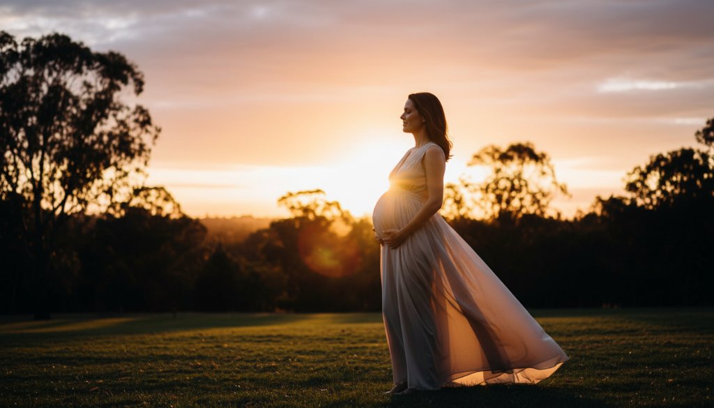 A glowing pregnant woman in a flowing white gown stands amidst the golden hour light of a Heathmont park, her partner gently embracing her from behind. This candid Heathmont outdoor maternity photos Victoria capture an epic moment of connection and anticipation, with dramatic backlighting and professional colour grading, embodying the joy of impending parenthood.
