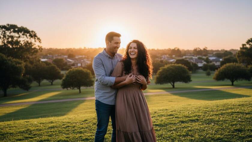 A candid Hillside engagement photography Victoria moment: a couple laughing joyfully amidst the golden hour light in a scenic Hillside park, expertly captured with professional colour grading and dramatic backlighting, showcasing their authentic connection.