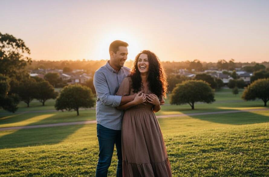 A candid Hillside engagement photography Victoria moment: a couple laughing joyfully amidst the golden hour light in a scenic Hillside park, expertly captured with professional colour grading and dramatic backlighting, showcasing their authentic connection.