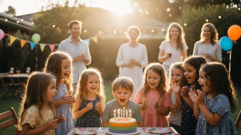 A vibrant, candid shot capturing a child mid-laugh at a birthday party in a Ringwood East backyard, surrounded by blurred, joyfully interacting friends, bathed in warm, golden hour light, expertly framed to highlight the genuine emotion of candid kids birthday party photography Ringwood East.