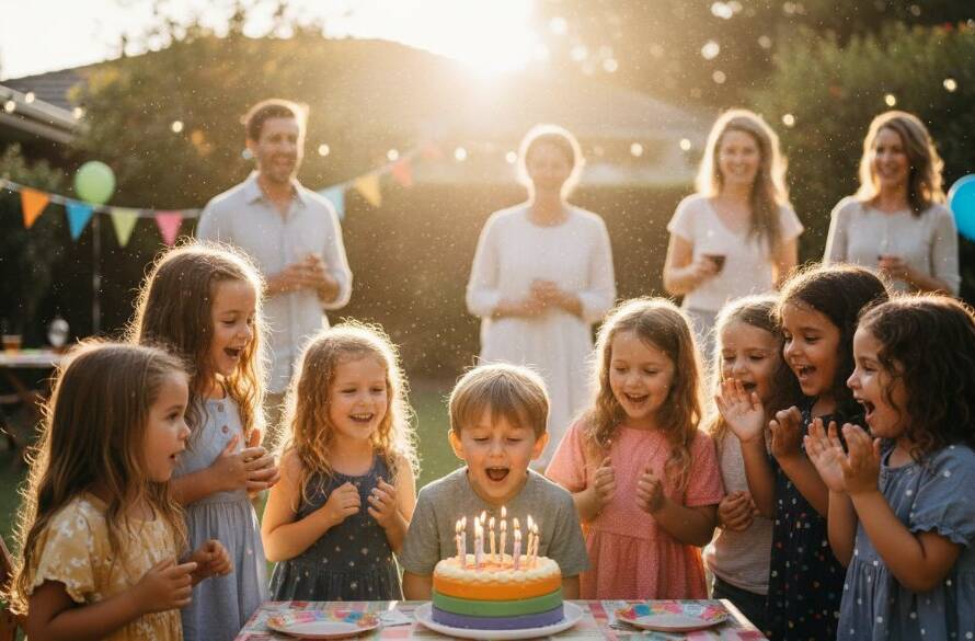 A vibrant, candid shot capturing a child mid-laugh at a birthday party in a Ringwood East backyard, surrounded by blurred, joyfully interacting friends, bathed in warm, golden hour light, expertly framed to highlight the genuine emotion of candid kids birthday party photography Ringwood East.