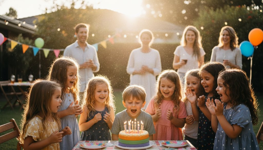 A vibrant, candid shot capturing a child mid-laugh at a birthday party in a Ringwood East backyard, surrounded by blurred, joyfully interacting friends, bathed in warm, golden hour light, expertly framed to highlight the genuine emotion of candid kids birthday party photography Ringwood East.
