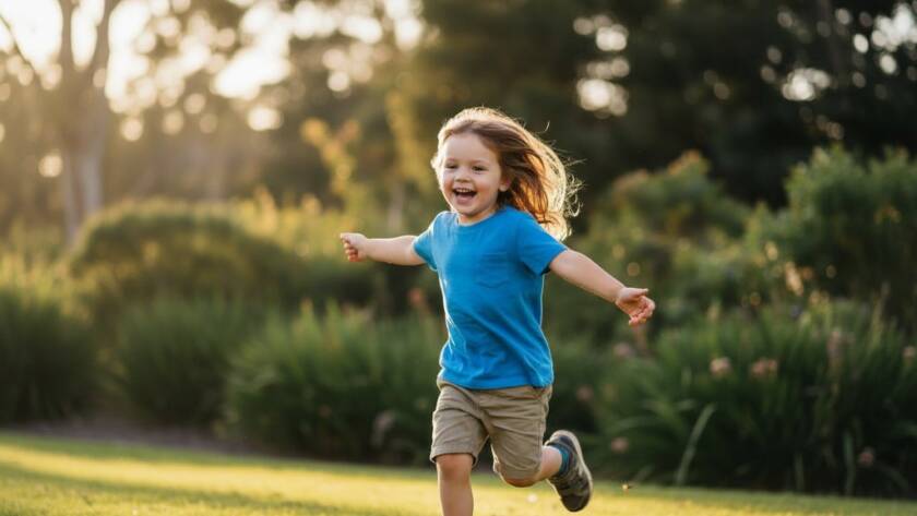 An epic moment captured during candid kids photography adventures Mitcham, showing a child laughing joyously while running through sun-dappled foliage in a local park, professionally colour-graded with dramatic natural light.