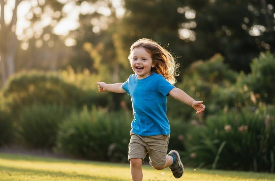 An epic moment captured during candid kids photography adventures Mitcham, showing a child laughing joyously while running through sun-dappled foliage in a local park, professionally colour-graded with dramatic natural light.