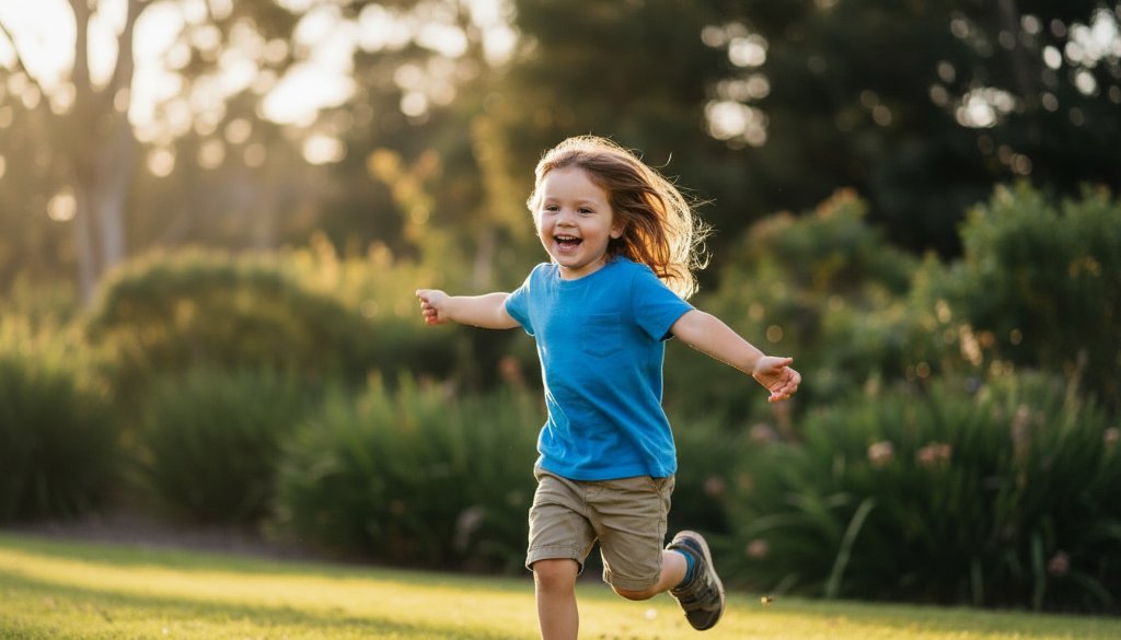 An epic moment captured during candid kids photography adventures Mitcham, showing a child laughing joyously while running through sun-dappled foliage in a local park, professionally colour-graded with dramatic natural light.