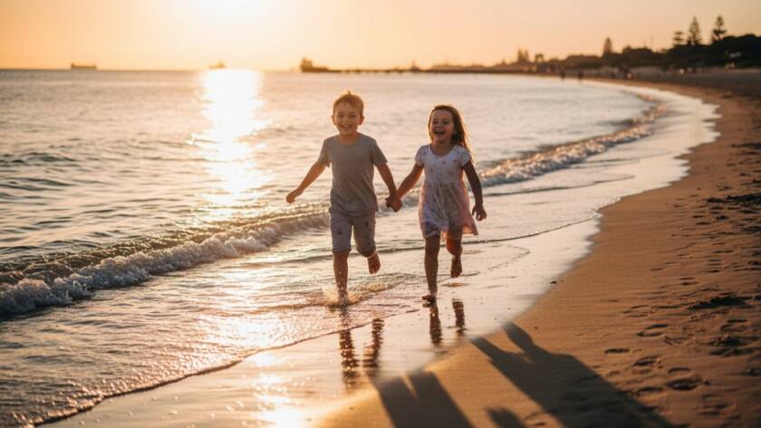 An epic moment of a child laughing joyfully during a candid kids photography Altona Meadows Beach sunset session, with the golden light creating a magical silhouette against the water.