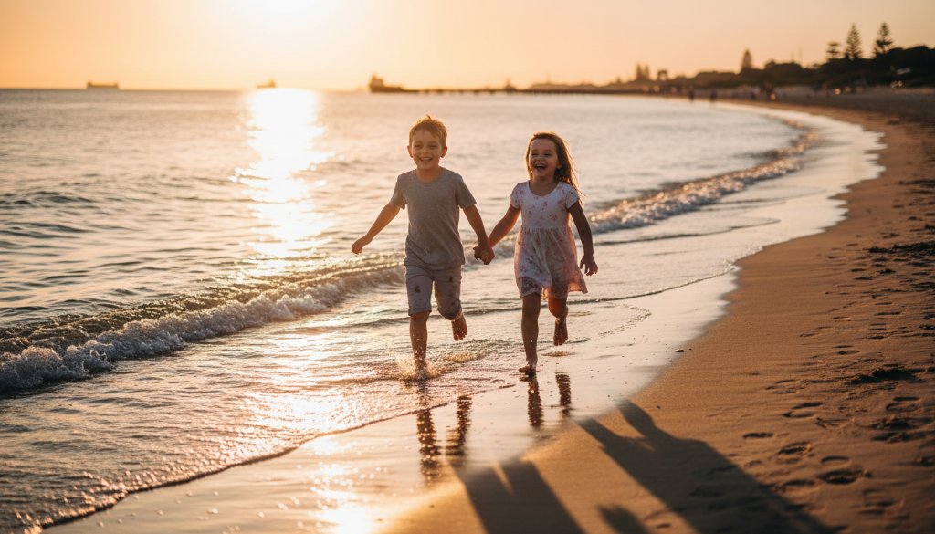 An epic moment of a child laughing joyfully during a candid kids photography Altona Meadows Beach sunset session, with the golden light creating a magical silhouette against the water.